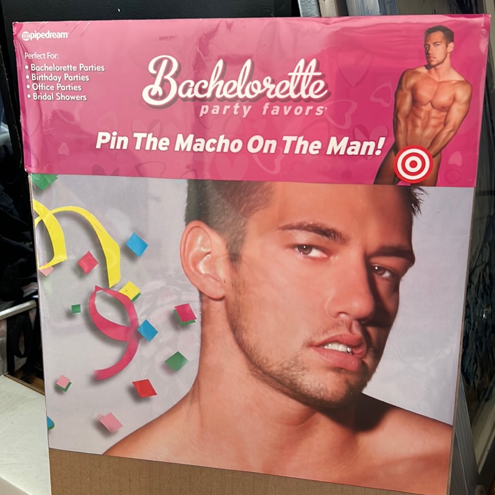 Brand new Pin the Macho on the Man Bachelorette Party game.